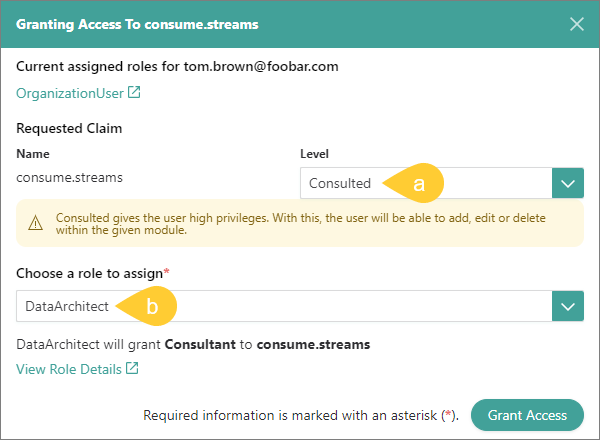 Granting Access To consume.streams dialog with (a) the access level Consulted and (b) the role DataArchitect selected, and the Grant Access button