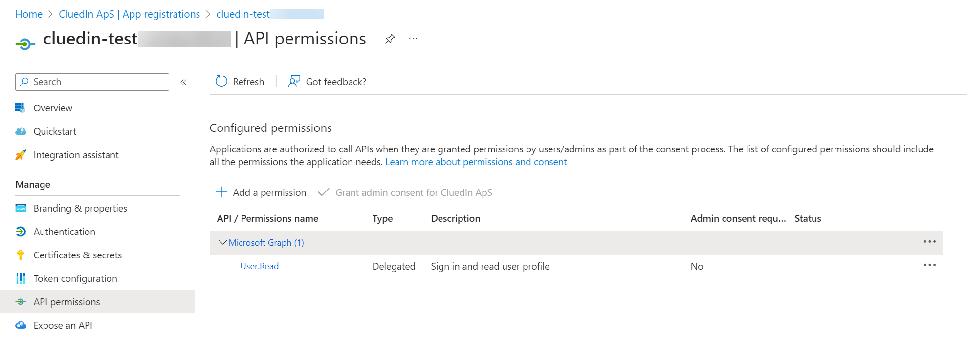 API permissions page of the app registration with the Microsoft Graph entry under Configured permissions, showing only User.Read