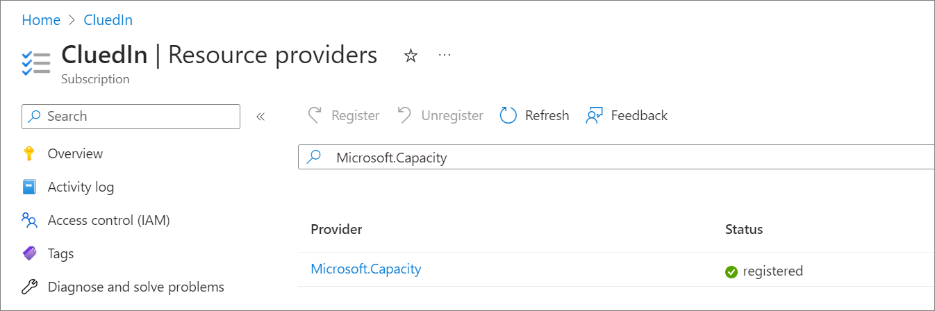 The Resource providers page showing Microsoft.Capacity with the status registered