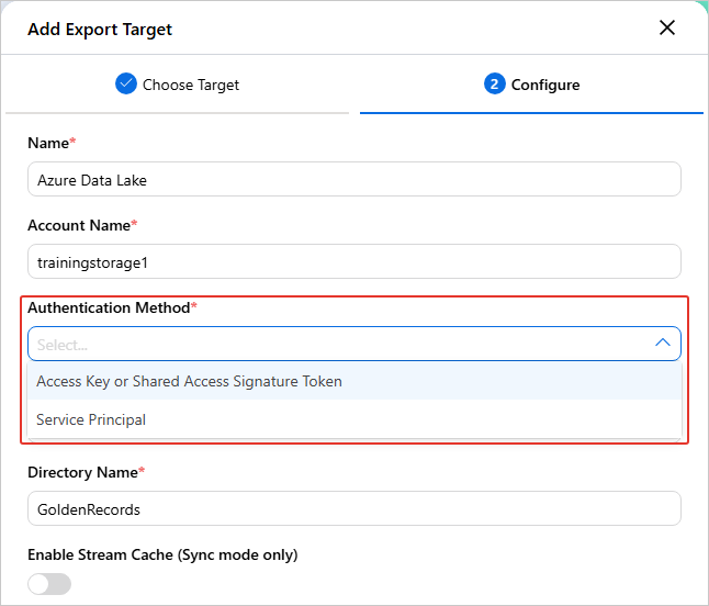 The Configure tab with the Authentication Method dropdown open, offering Access Key or Shared Access Signature Token and Service Principal