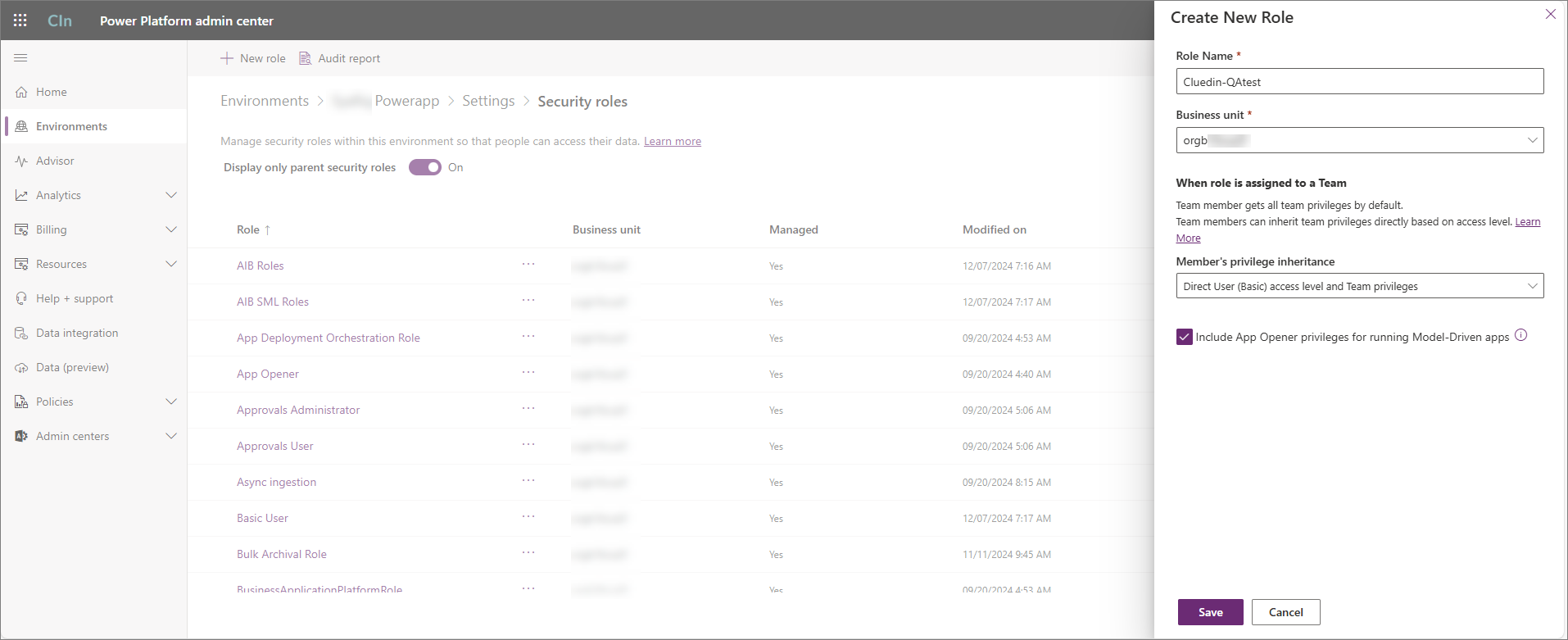 Security roles page with the Create New Role pane showing Role Name, Business unit and Member's privilege inheritance