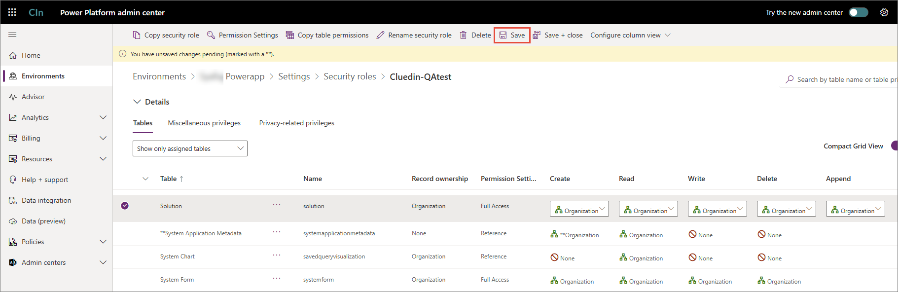 Security role with unsaved privilege changes and the Save button highlighted in the toolbar