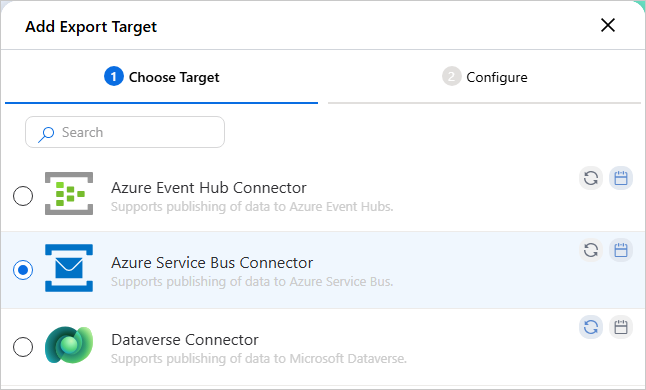 The Add Export Target dialog on the Choose Target tab, with Azure Service Bus Connector selected