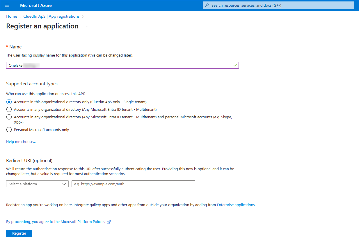 The Register an application page with a Name entered, the single-tenant supported account type selected, and the Register button