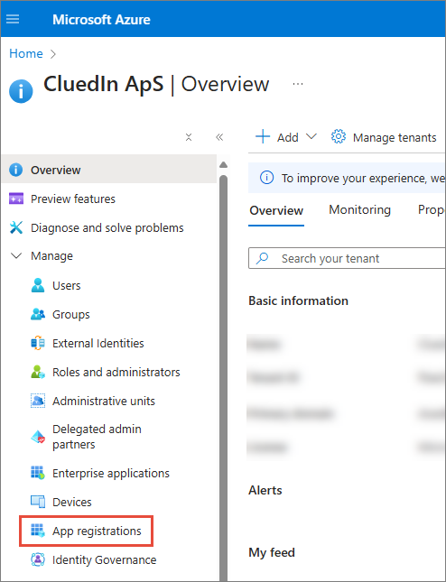 Microsoft Entra ID Overview page with App registrations highlighted under Manage in the left pane
