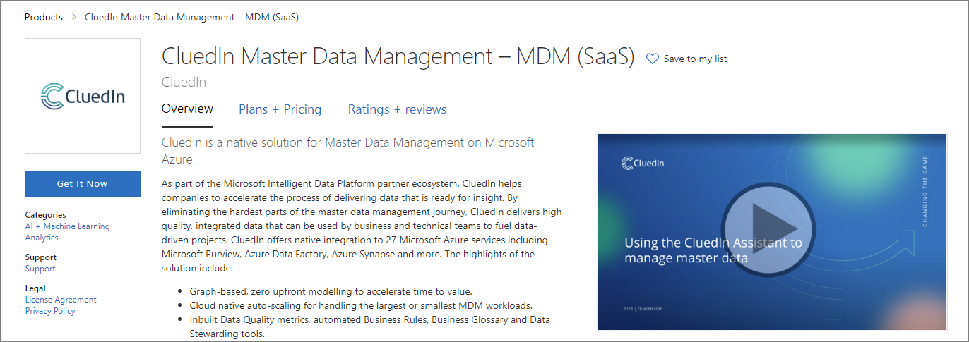 CluedIn Master Data Management - MDM (SaaS) page in the Azure Marketplace, with the Get It Now button below the CluedIn logo