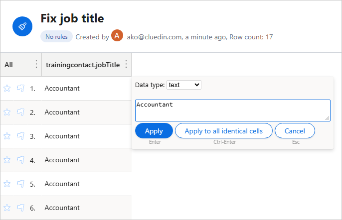 Cell editor in the clean application with the value Accountant and the Apply, Apply to all identical cells, and Cancel buttons