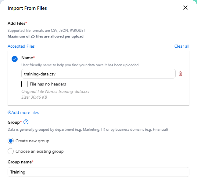 The Import From Files dialog with training-data.csv added, Create new group selected and Training entered as the group name