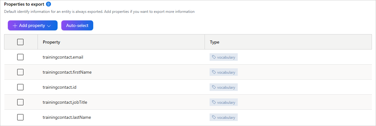 The Properties to export section after Auto-select, listing trainingcontact vocabulary keys such as email, firstName, id, jobTitle, and lastName