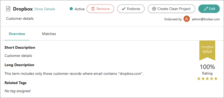 Dropbox term overview showing a Certified Gold badge and a 100% rating with five stars