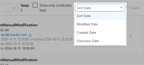 The sort date dropdown open with the options Sort Date, Modified Date, Created Date and Discovery Date