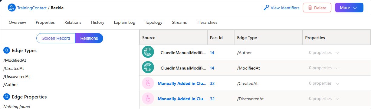 The Relations view of the History page listing outgoing edges with Source, Part Id, Edge Type and Properties columns