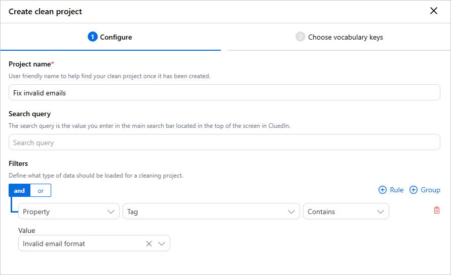 The Create clean project pane on the Configure tab, with a project name and a prefilled filter where Tag contains Invalid email format