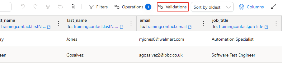 The data set toolbar with the Validations button highlighted, next to Filters and Operations