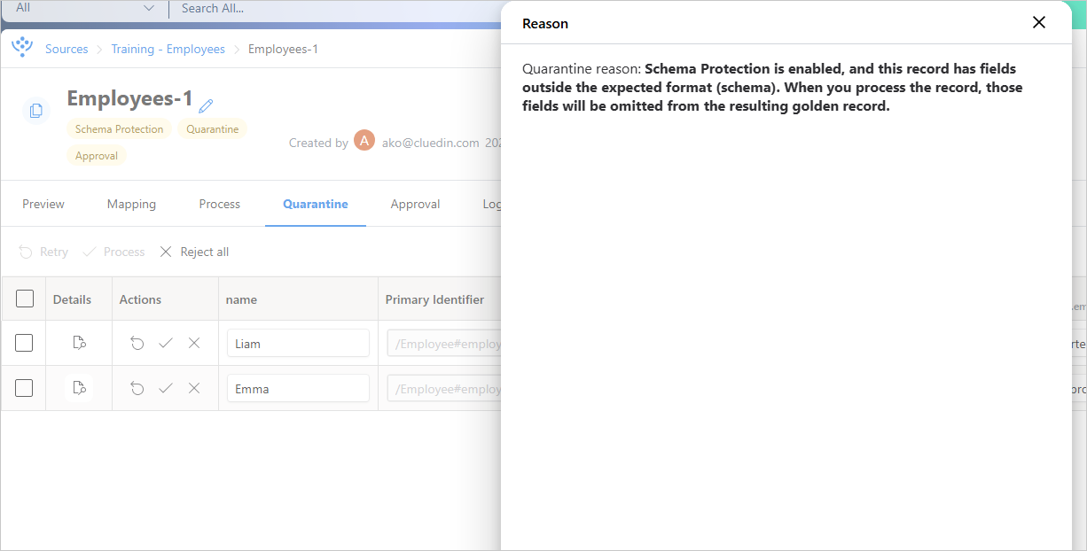 Quarantine tab of a dataset with the Reason pane open, explaining the record was quarantined because Schema Protection is enabled and it has fields outside the schema