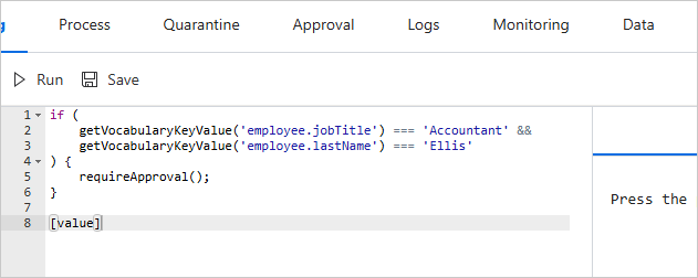 Advanced mapping code that calls requireApproval() when the employee job title is Accountant and the last name is Ellis