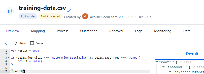 The advanced validation editor with JavaScript that sets the result to false for one job title and last name