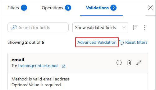 The Advanced Validation link highlighted on the Validations pane