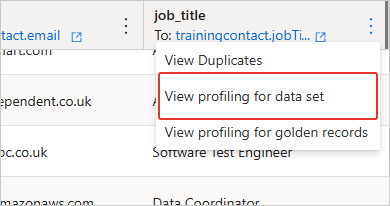Column header three-dot menu with View profiling for data set highlighted, above View Duplicates and View profiling for golden records