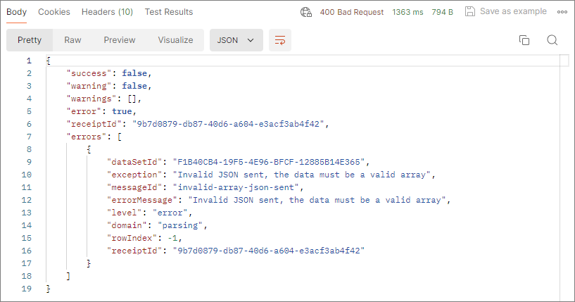 Response with status 400 Bad Request and a JSON body whose errors array reports Invalid JSON sent, the data must be a valid array