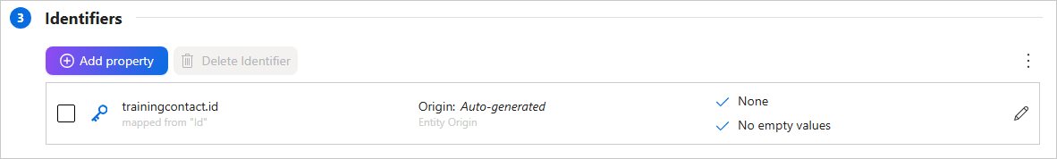 The Identifiers section listing the trainingcontact.id identifier with an auto-generated origin, plus Add property and Delete Identifier buttons