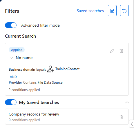 Search Filters pane with Advanced filter mode on, showing the conditions Business domain Equals TrainingContact AND Provider Contains File Data Source