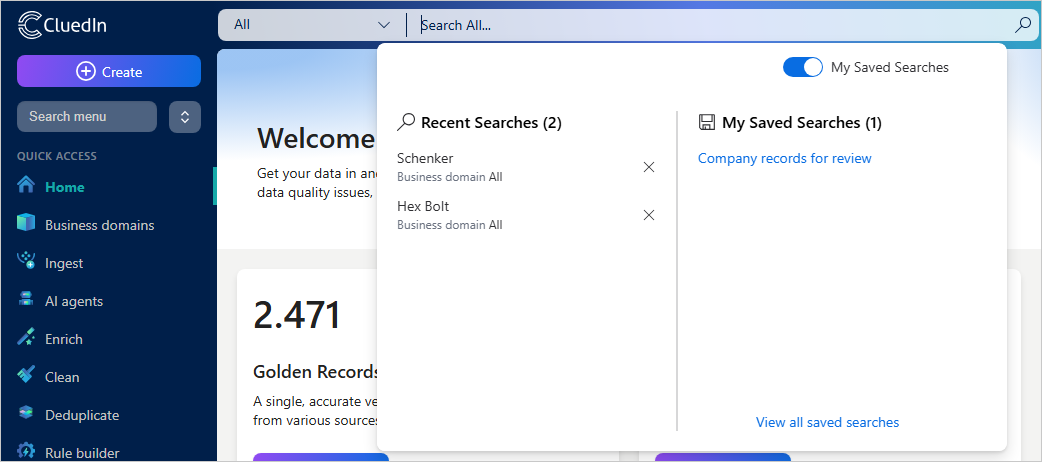 Search box dropdown showing Recent Searches, My Saved Searches with the My Saved Searches toggle on, and the View all saved searches link
