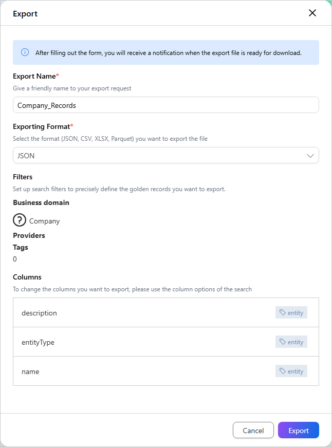 Export dialog with Export Name, Exporting Format set to JSON, the Filters that apply, and the Columns that will be exported