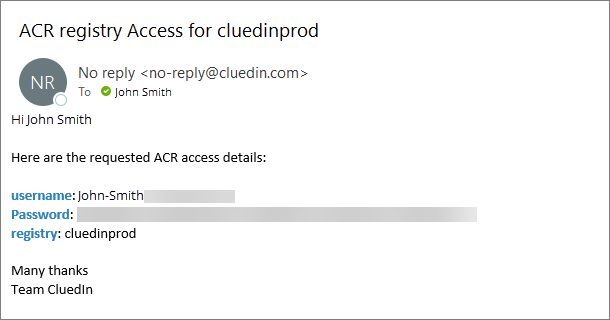 The ACR registry Access for cluedinprod email containing the username, password and registry name