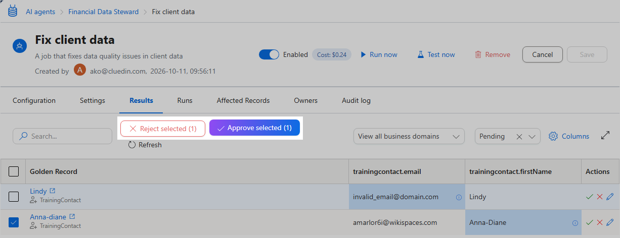 One suggestion selected on the Results tab, with the Reject selected and Approve selected buttons highlighted