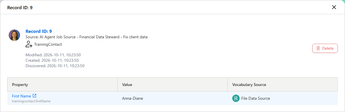 Node pane for the AI agent's record showing its source job and the changed property with its new value, plus a Delete button