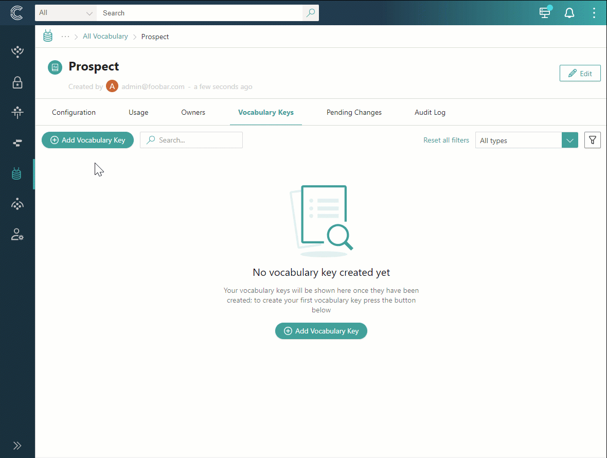Animation: on the Vocabulary Keys tab, selecting Add Vocabulary Key, filling in the key details, data type, storage, and classification, and selecting Create