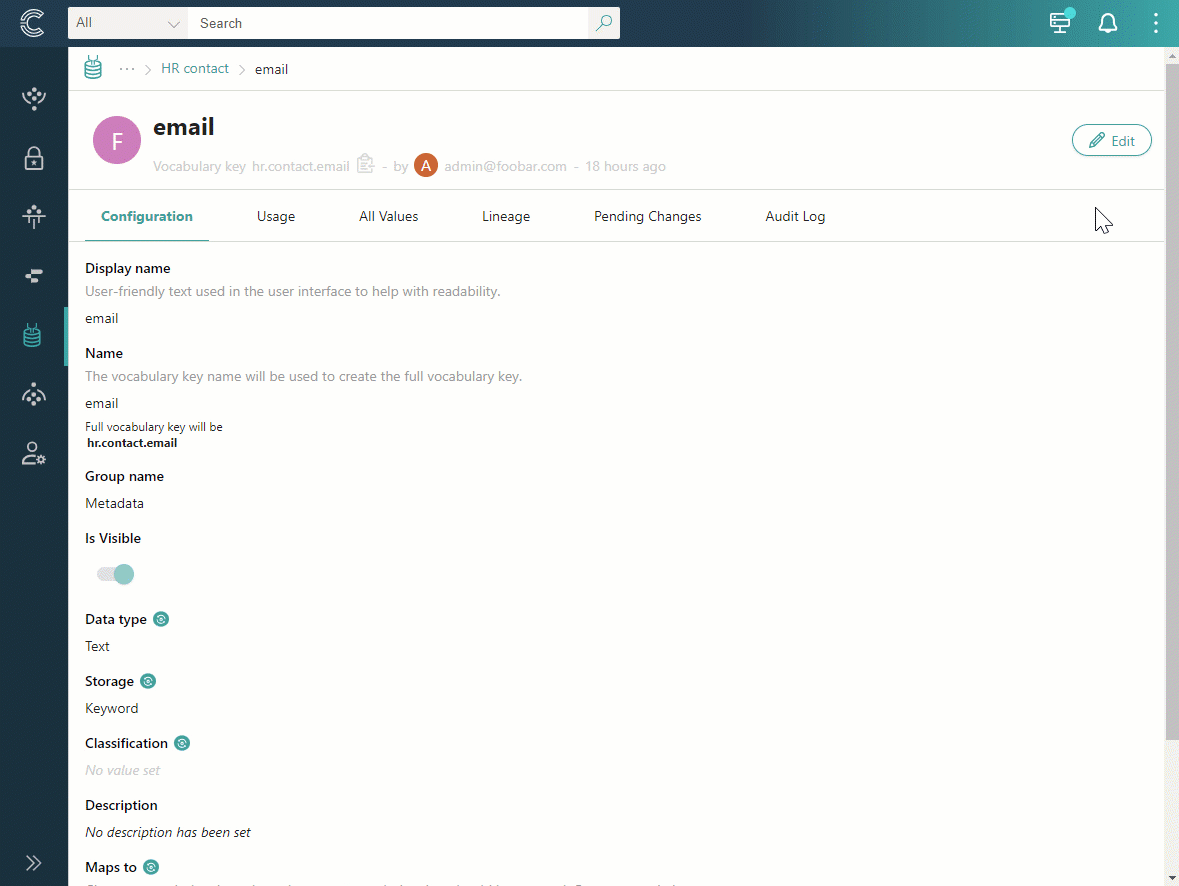 Animation: selecting Edit then Remove on the hr.contact.email key, choosing to map it to an existing key, selecting the target key, and confirming