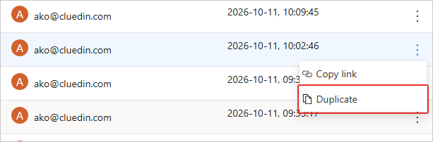 Three-dot menu for a deduplication project opened, with the Duplicate option highlighted