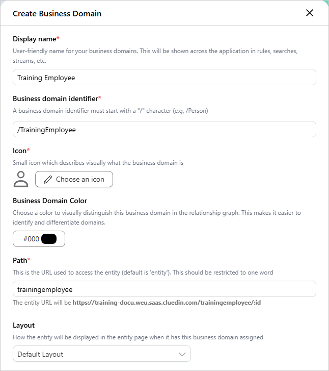 The Create Business Domain pane with Display name, Business domain identifier, Icon, Business Domain Color, Path and Layout fields filled in