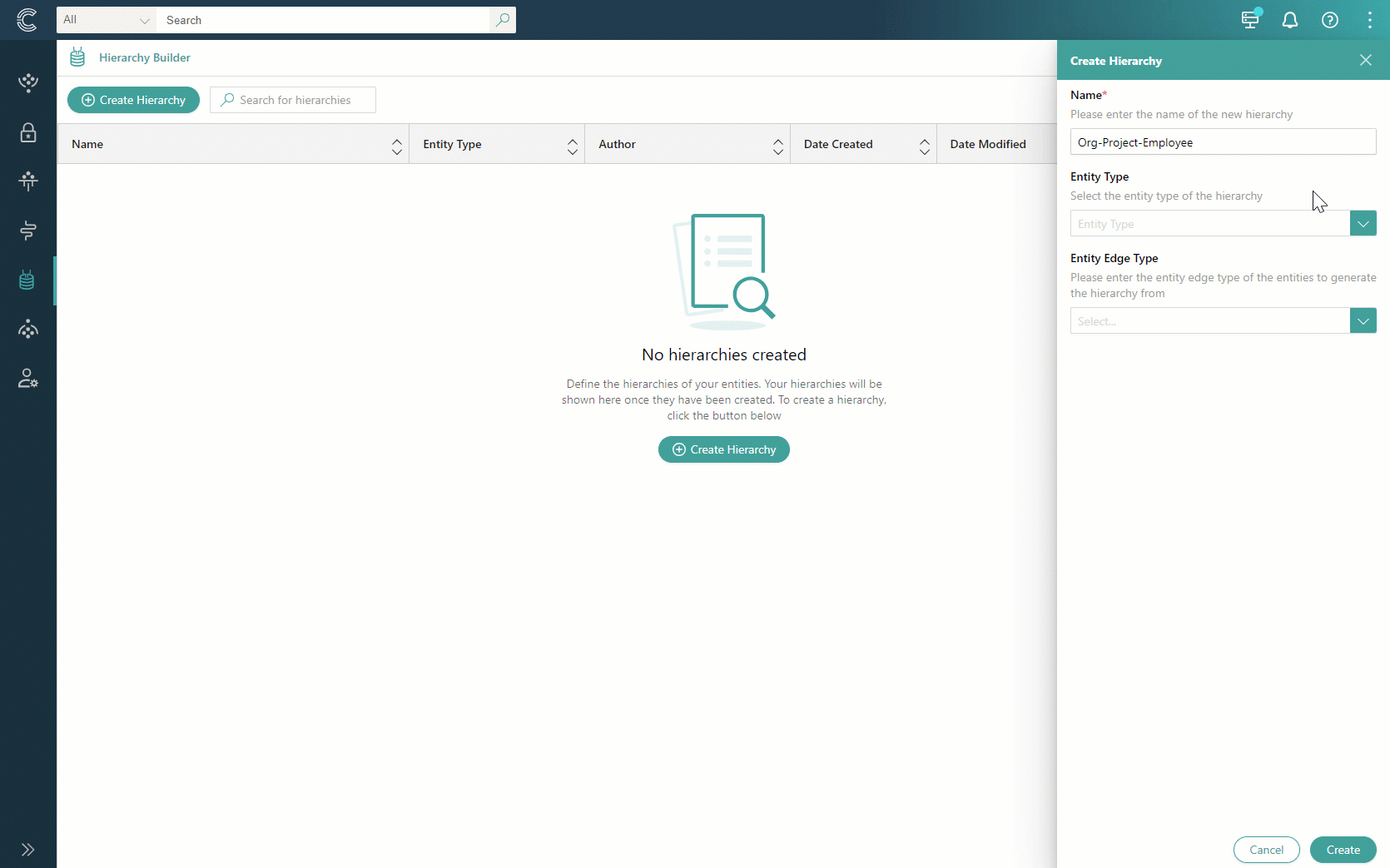 Animation: creating the Org-Project-Employee hierarchy in Hierarchy Builder for the /Organization business domain with the /Parent edge type, producing single-root hierarchies of organizations