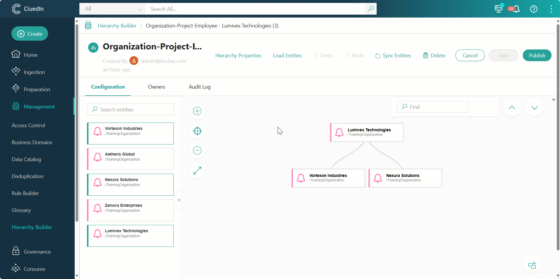 Animation: editing the hierarchy properties to remove the /Organization business domain, then loading /Project golden records and adding them under an organization such as Vortexon Industries
