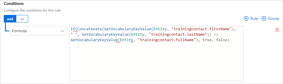 A rule condition of type Formula that checks whether firstName and lastName concatenated differ from fullName, using GetVocabularyKeyValue on Entity
