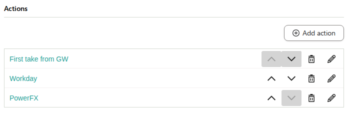 The Actions section of a rule listing three actions, each with up and down arrows for reordering, plus delete and edit icons