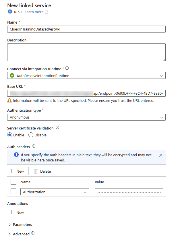 The New linked service form for REST with the CluedIn endpoint Base URL, Anonymous authentication and an Authorization auth header