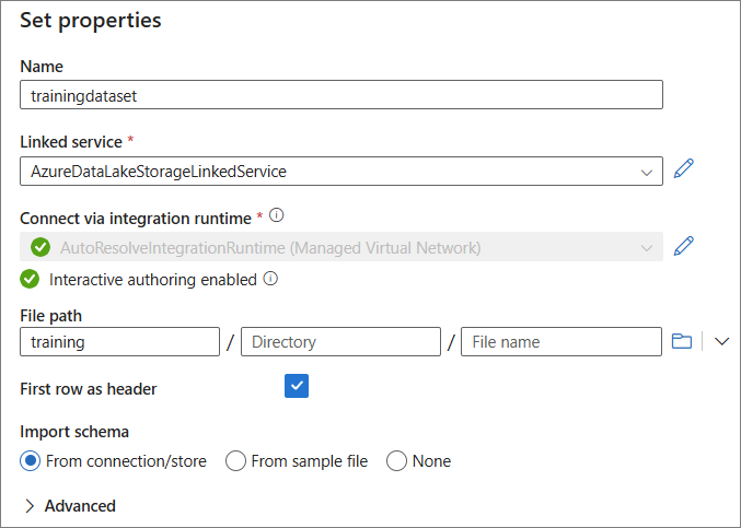 The Set properties pane with the linked service selected, a File path set to the training container, and First row as header checked