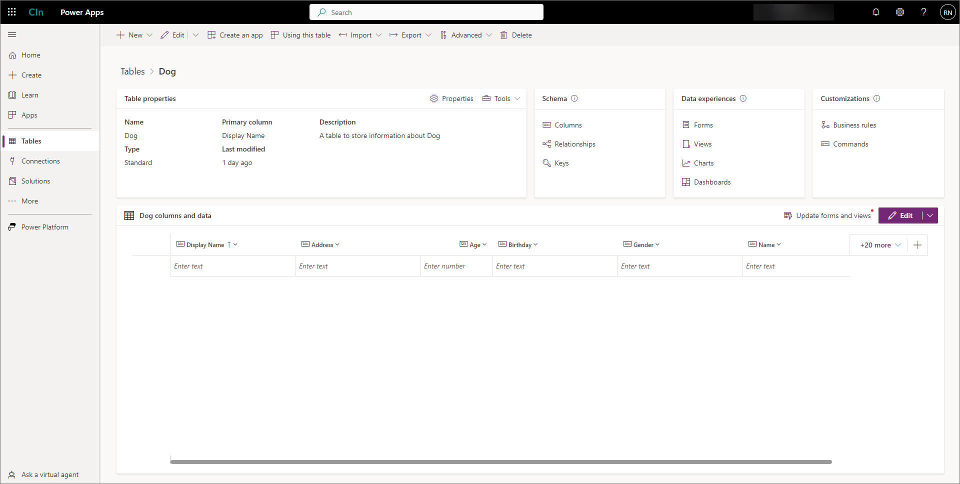 The Dog table in Power Apps, showing its table properties and the Display Name, Address, Age, Birthday, Gender and Name columns