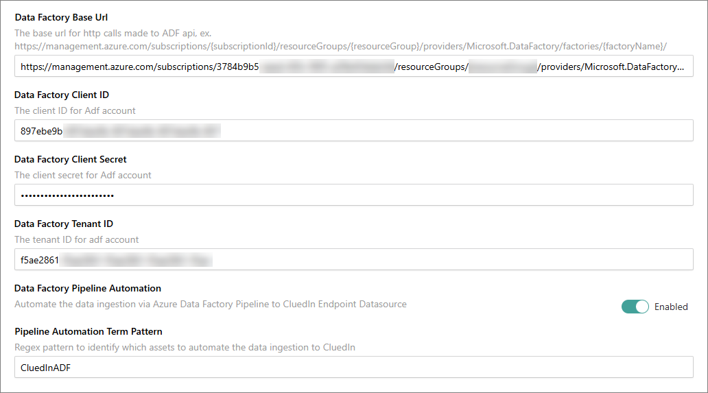 Data Factory settings in CluedIn: base URL, client ID, client secret, tenant ID, Data Factory Pipeline Automation enabled, and Pipeline Automation Term Pattern CluedInADF
