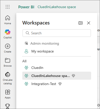 Fabric workspaces list with the CluedInLakehouse space workspace selected