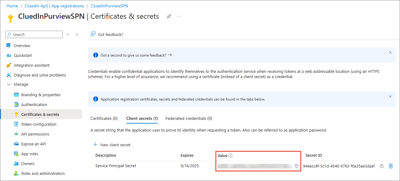 The Client secrets tab listing the new secret, with its masked Value column highlighted and a copy button