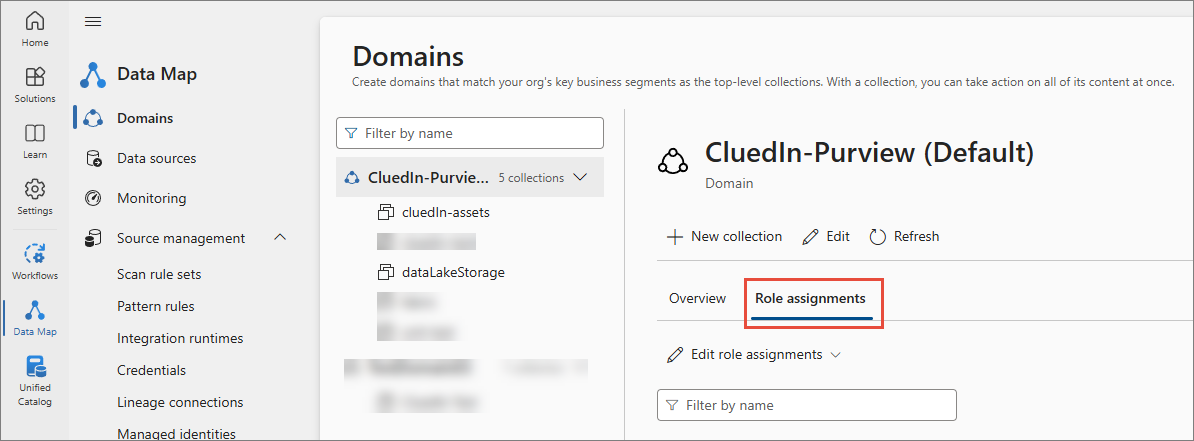 The default CluedIn-Purview domain in Purview Data Map, with the Role assignments tab highlighted