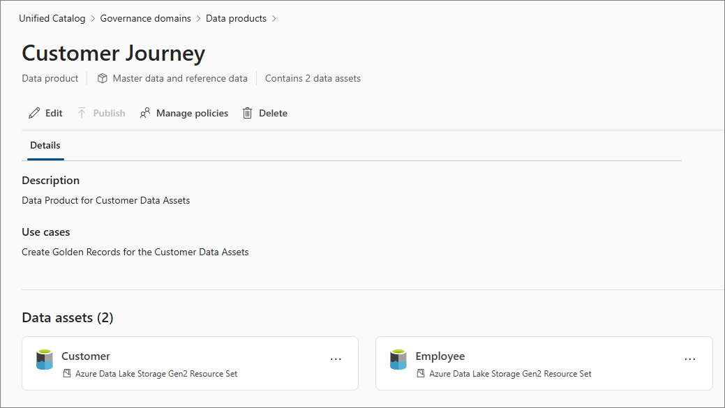 The Customer Journey data product details page listing two data assets, Customer and Employee