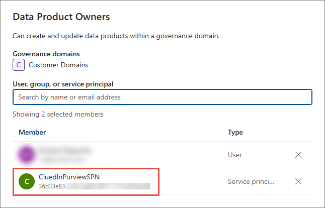The Data Product Owners role pane, with the CluedInPurviewSPN service principal added as a member and highlighted