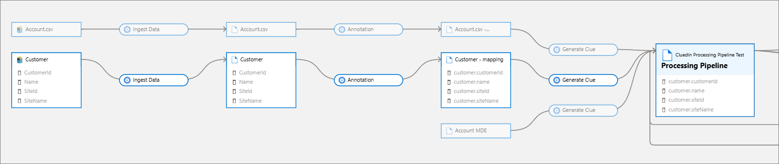 Purview lineage: the Customer asset flows through Ingest Data, Annotation and Customer - mapping, then Generate Clue into the CluedIn Processing Pipeline
