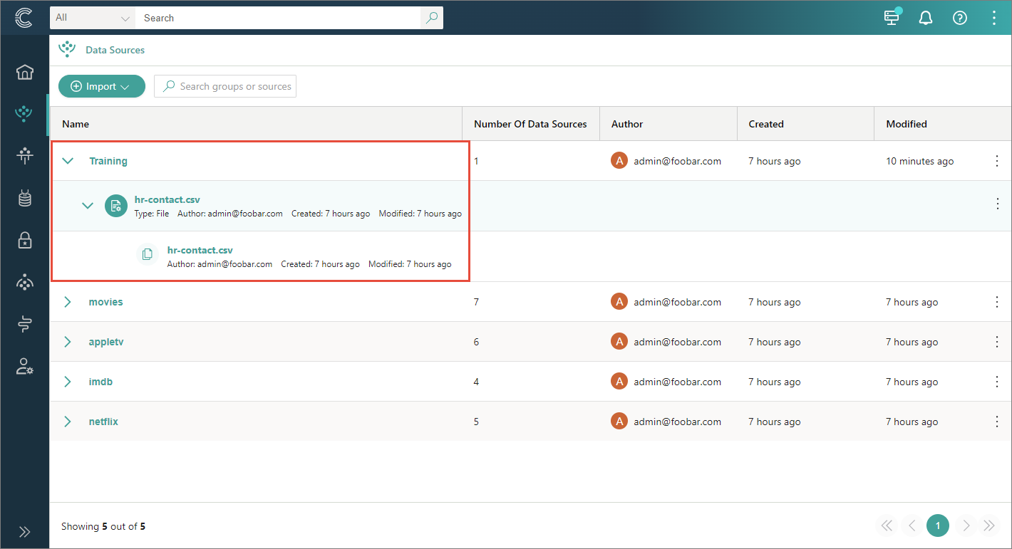 The Data Sources page with the Training group expanded to show the hr-contact.csv data source and its hr-contact.csv data set
